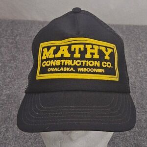 Vintage Trucker Hat Mathy Construction Onalaska Wisconsin Black Mesh Made in USA